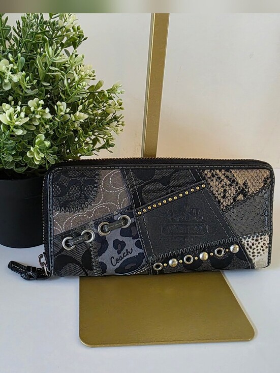 Coach Handbags - Coach Y2K Zoe Patchwork Zip Around Wallet Black Leather Signature Canvas